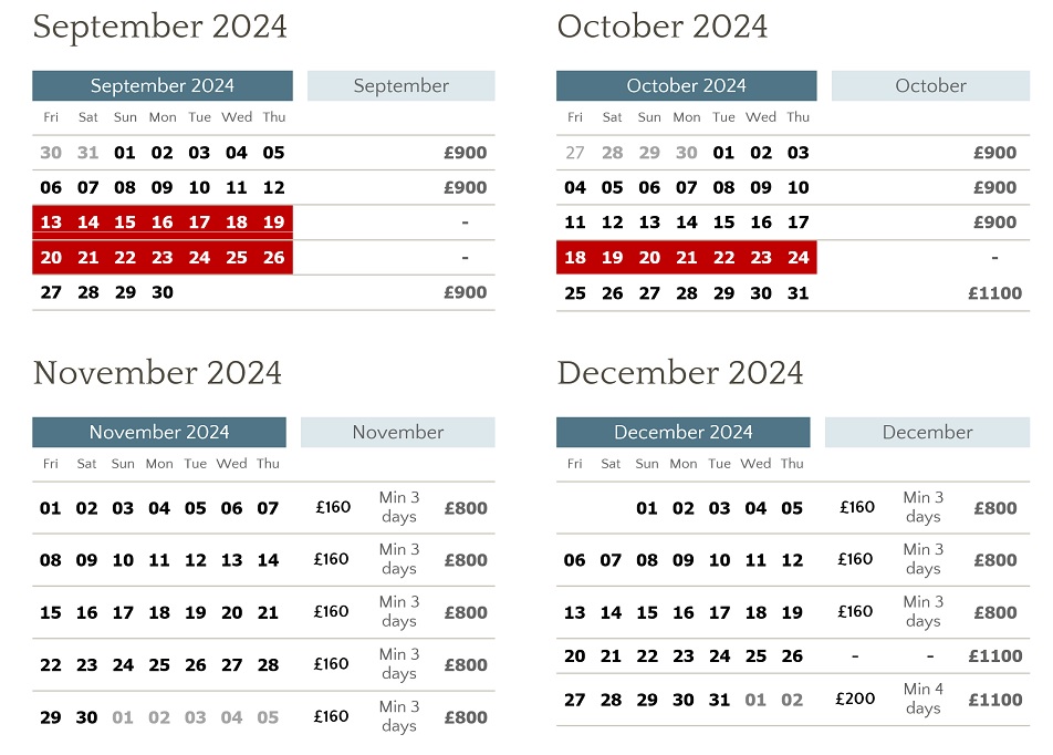 availability for Waterley September - December 2024